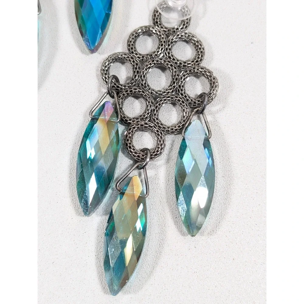 Gunmetal Mesh Chain Chandelier Earrings Green AB Crystal‎ Dangle